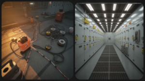 Illustration of lockout tagout shift change with contrasting safety gaps and orderly process.