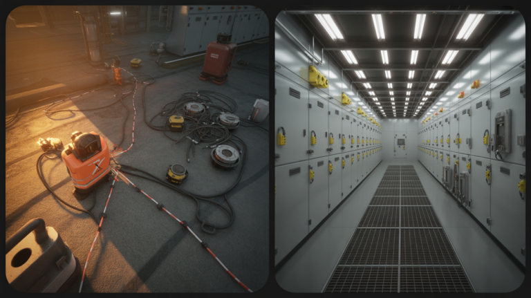 Illustration of lockout tagout shift change with contrasting safety gaps and orderly process.