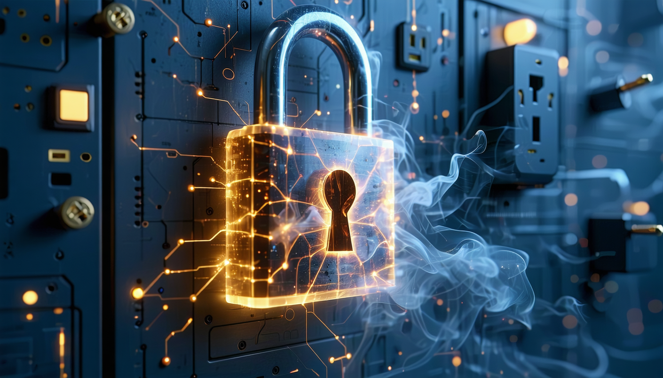 Dramatic illustration of a padlock protecting against chaotic plug prongs, symbolizing safety versus risk.