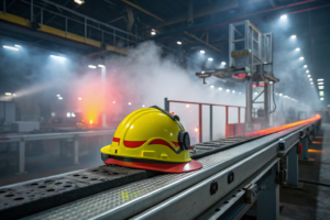 Dramatic illustration of a safety shield balanced on a production line, symbolizing LOTO exception compliance.