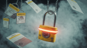 Epic cinematic hero image contrasting warning tags and a robust lockout device in a dramatic scene.
