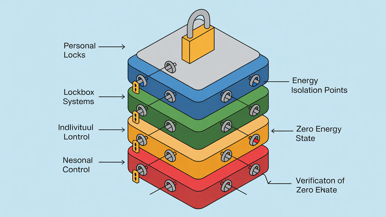 Cross-section diagram of lockout procedures with personal locks and energy isolation.