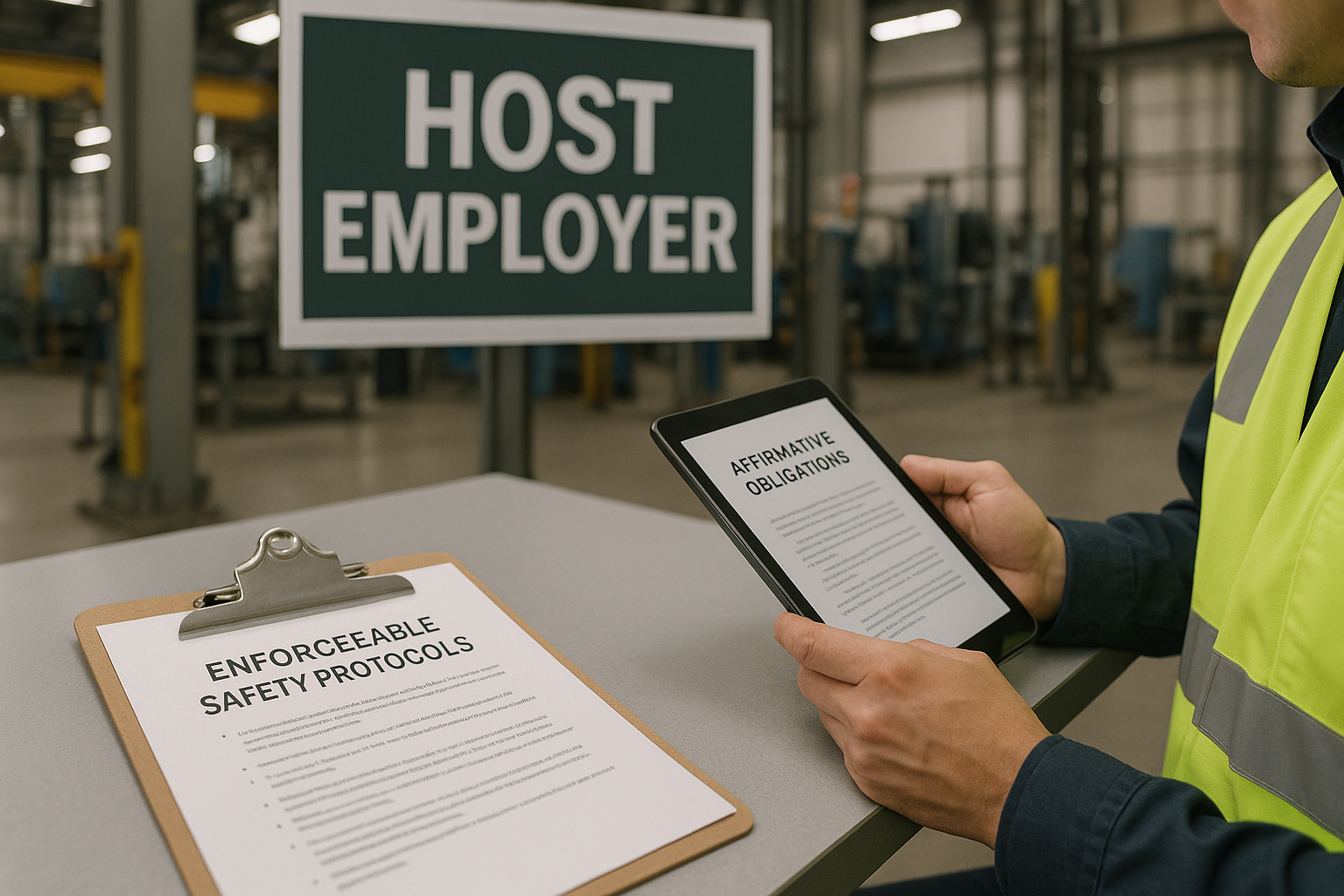 An industrial setting with a 'Host Employer' sign, a clipboard open to regulatory safety protocols, and a worker reviewing obligations on a tablet.
