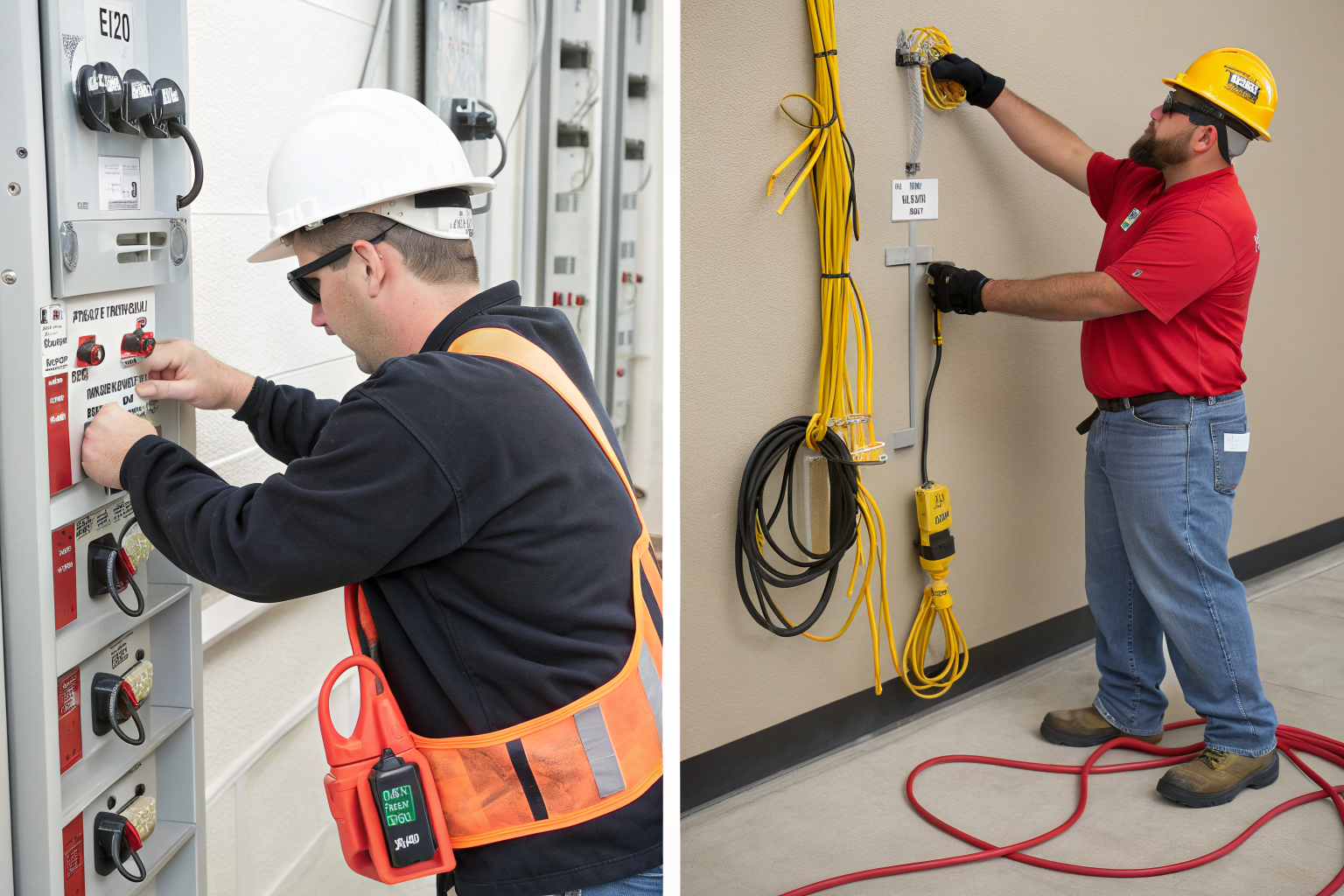 Split-Screen illustration comparing cord-and-plug exemption with full lockout procedures.