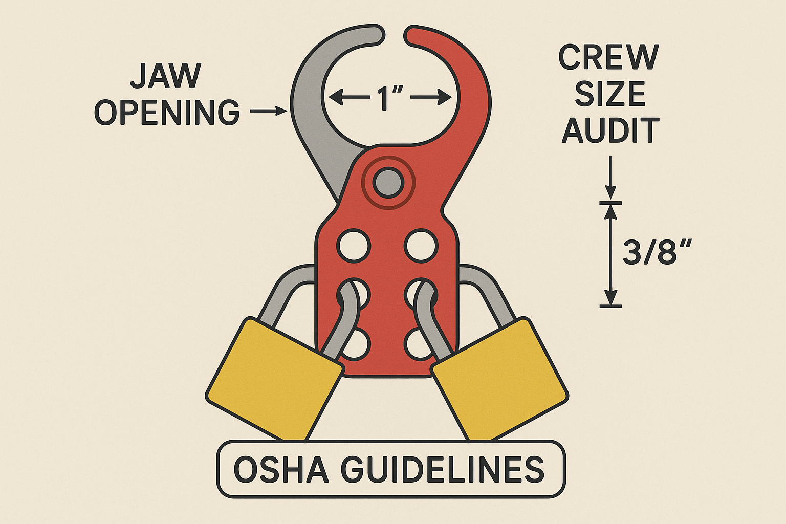 Diagram showing precise fitting of a lockout hasp for regulatory compliance.