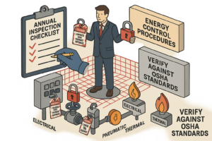 Isometric diagram of LOTO checklist ensuring OSHA compliance.