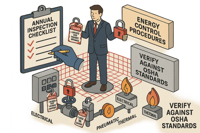 Isometric diagram of LOTO checklist ensuring OSHA compliance.