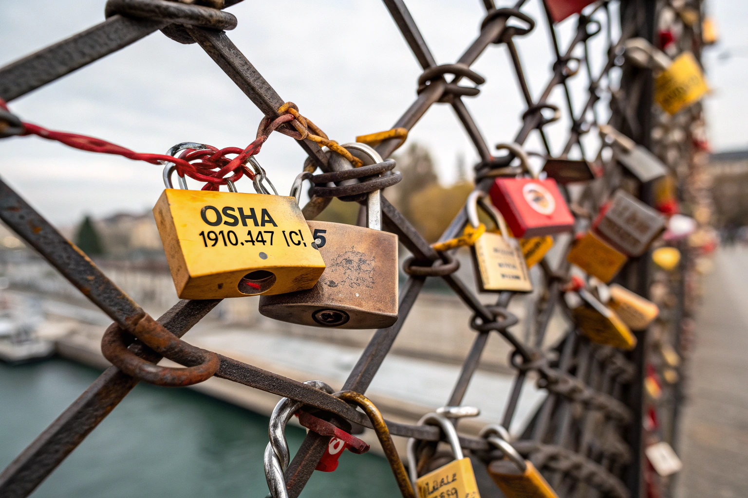 Fortress of padlocks and tags securing energy sources, OSHA 1910.147(c)(5).