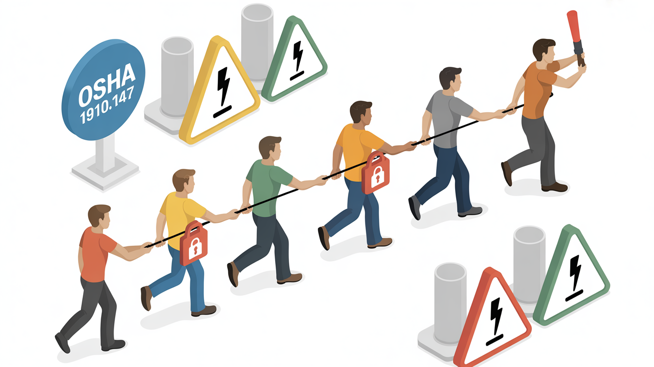Isometric diagram of shift change Lockout Tagout Shift Change Procedures and energy control symbols.