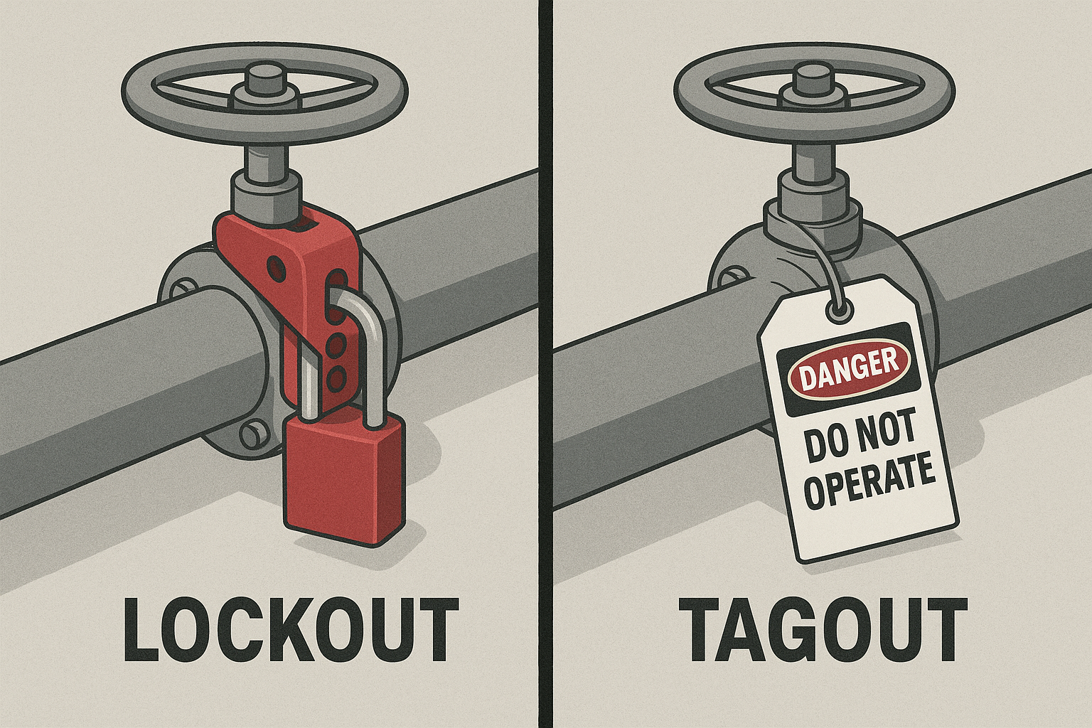 Split-screen illustration of lockout vs tagout methods in energy control.