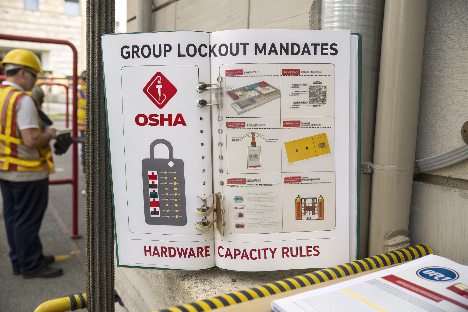 Isometric illustration of lockout hasp regulations, emphasizing compliance rules.