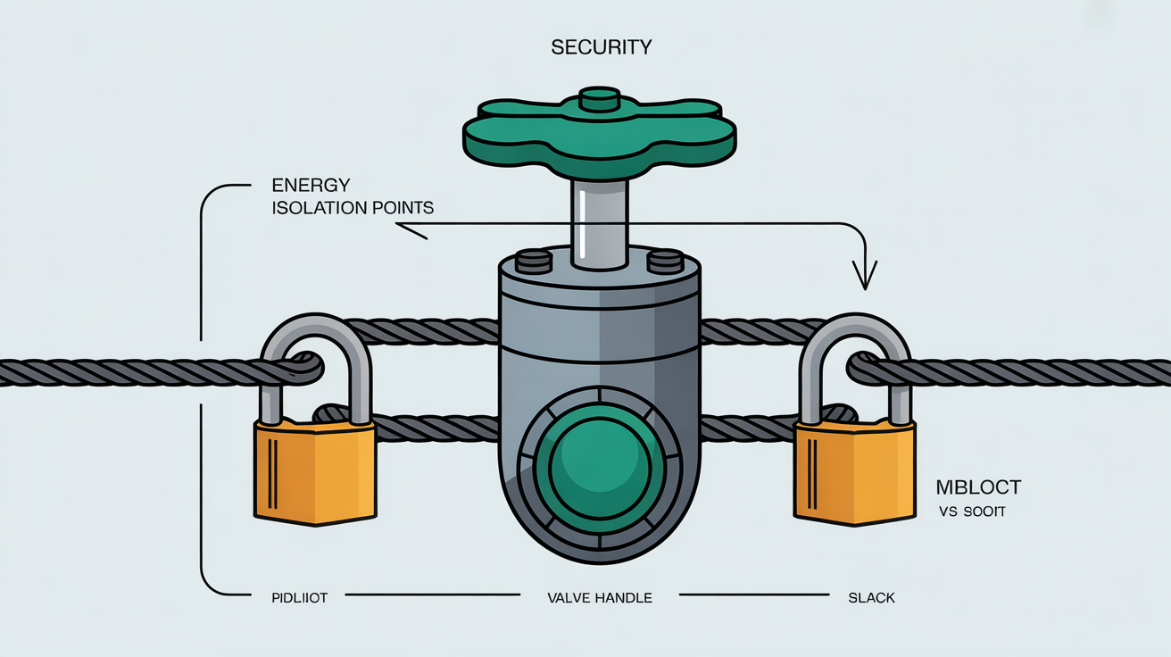 Diagram of a taut cable lockout device securing a valve handle, with energy isolation and padlock details.