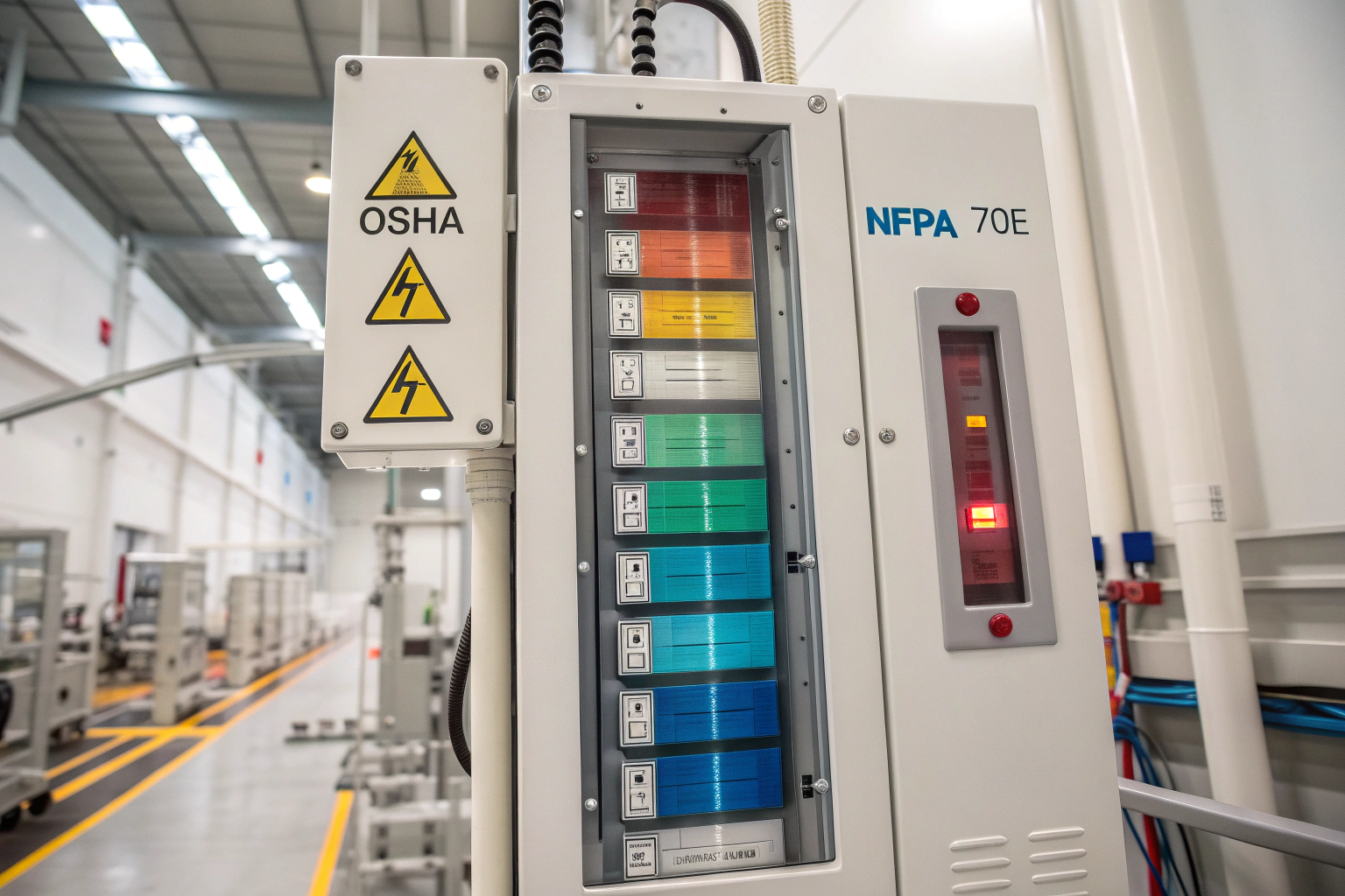 Machine safety zones with energy source indicators, lockout devices applied.