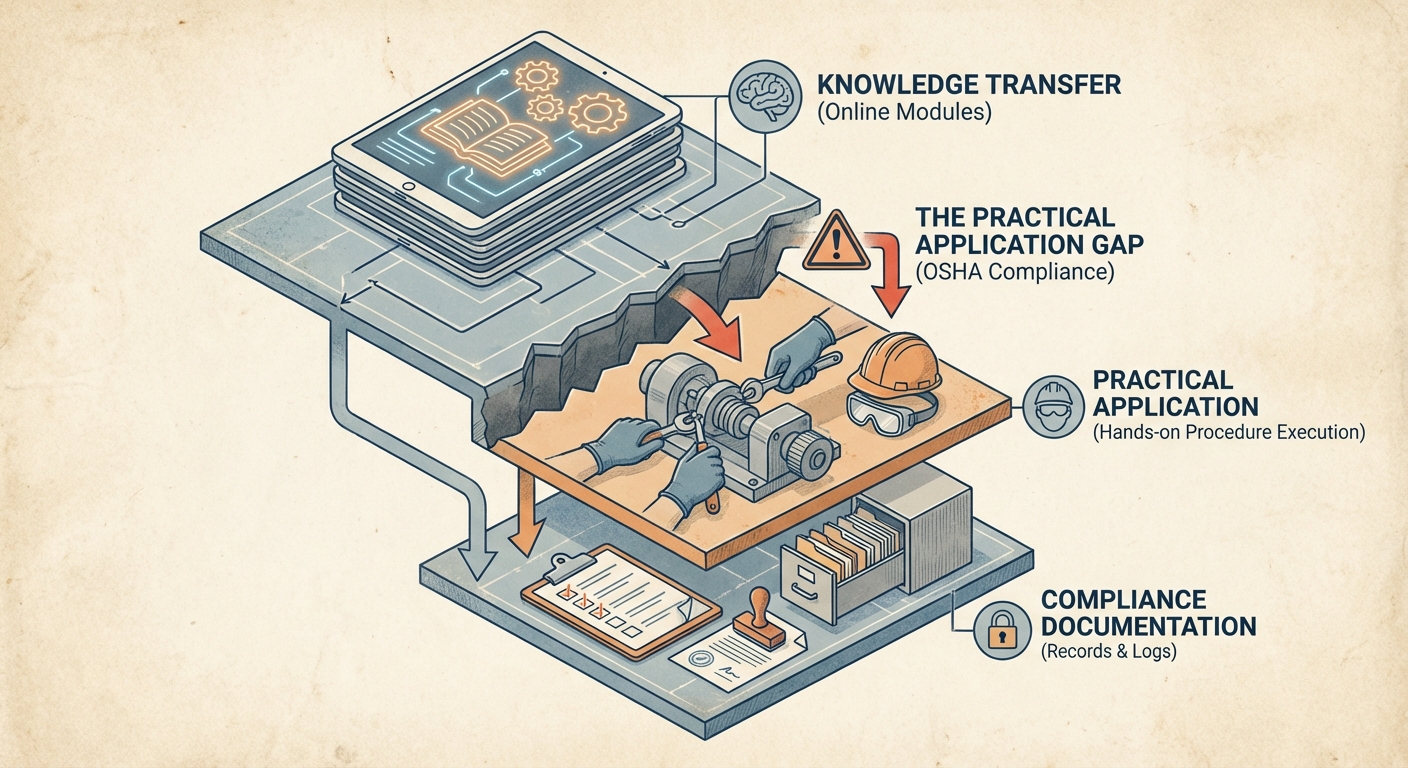 Layered diagram illustrating the gap between online knowledge transfer and hands-on practical execution for OSHA compliance.