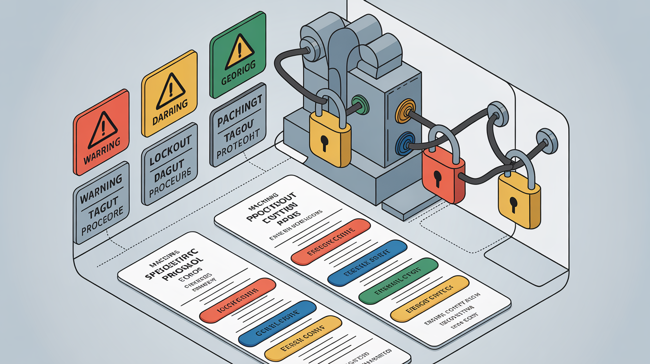 Diagram of lockout tagout procedures with lockbox systems and energy sources.