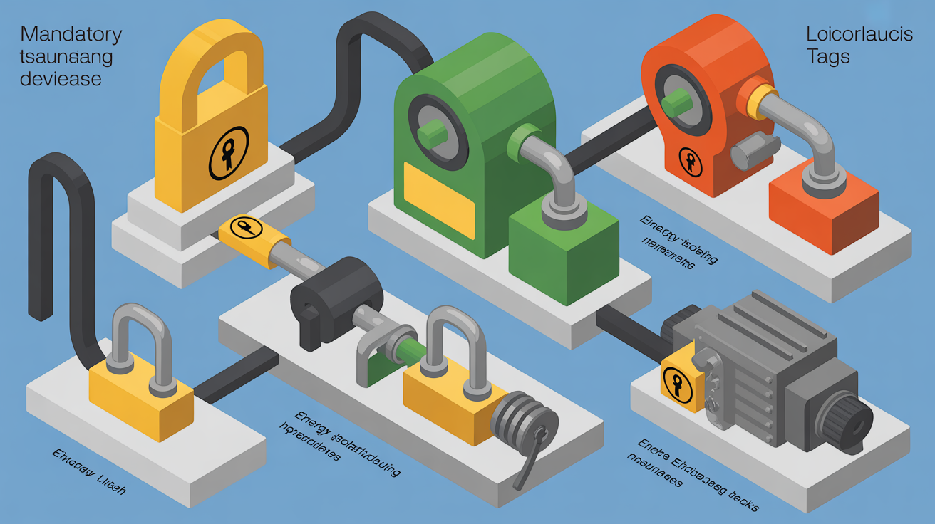 Isometric diagram of energy sources with lockout devices for safety training.