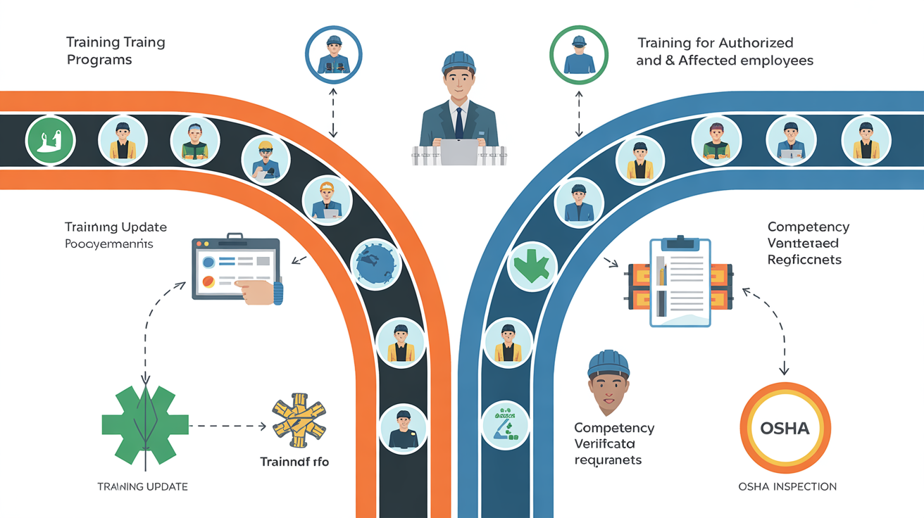 Technical illustration of tailored LOTO training paths with OSHA compliance symbols.