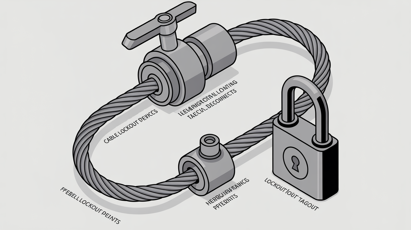 Isometric illustration of cable lockout device threading through isolation points, secured by a padlock.