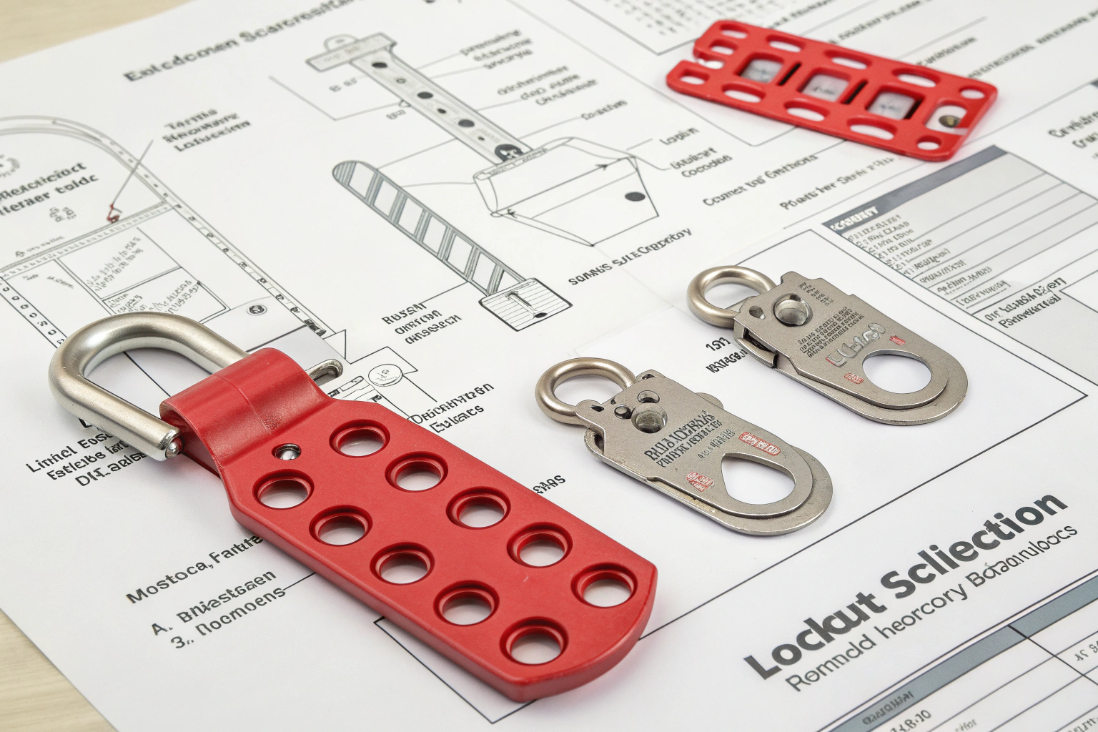 Isometric illustration of lockout hasp selection, highlighting key specifications.
