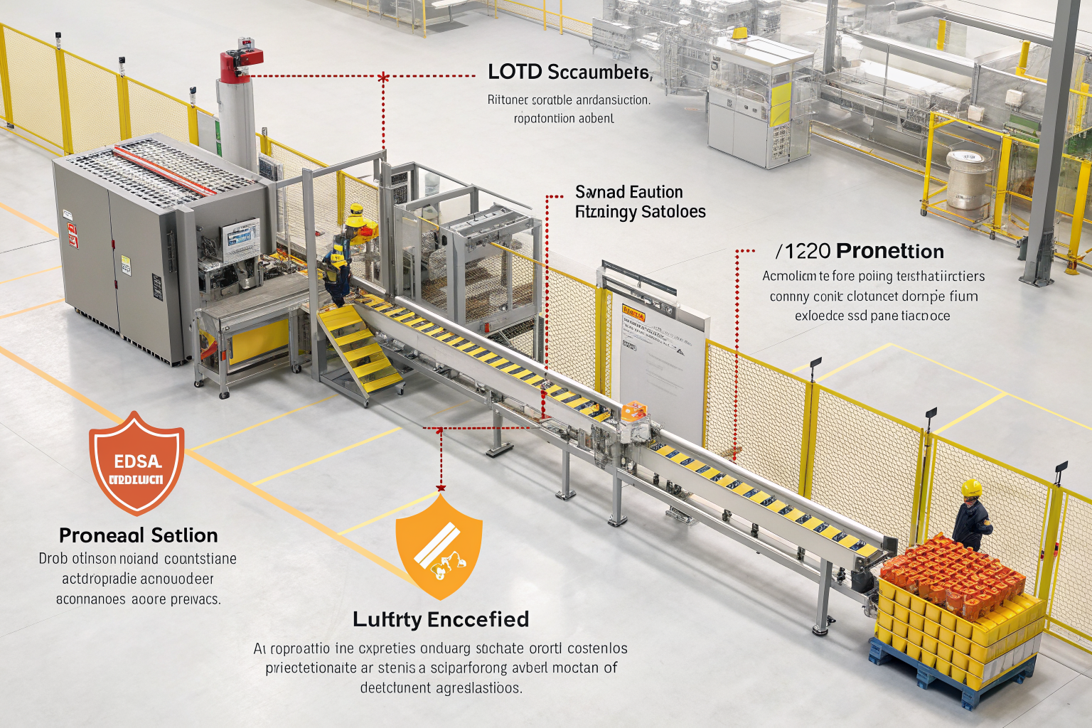 Technical diagram of a production line with a safety shield for LOTO exceptions.