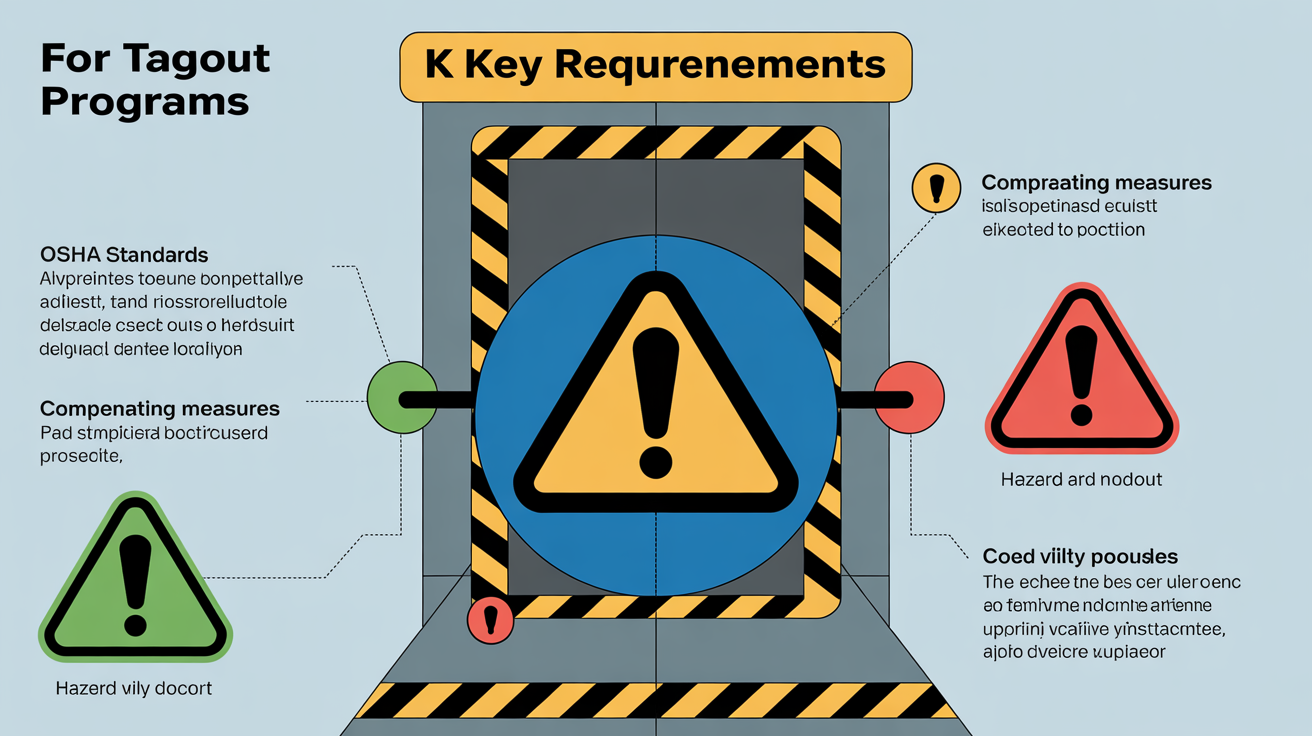 Diagram illustrating the key requirements for tagout programs with alert symbols and locked doors.